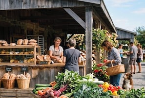 A rustic outdoor market stall with bread and vegetables. - Chalet #9 Waterfront with Spa, Fireplace, Wifi & AC (Cap-Saint-Ignace)