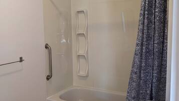 Shower, hair dryer, shampoo