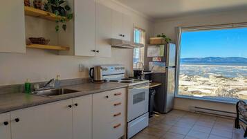 Kjøleskap, ovn, kokeplater og kaffetrakter/tekoker