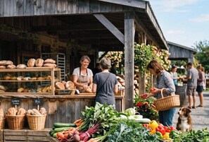 Un Ă©tal de marchĂ© en plein air, rustique, oĂč lâon vend du pain et des lĂ©gumes.