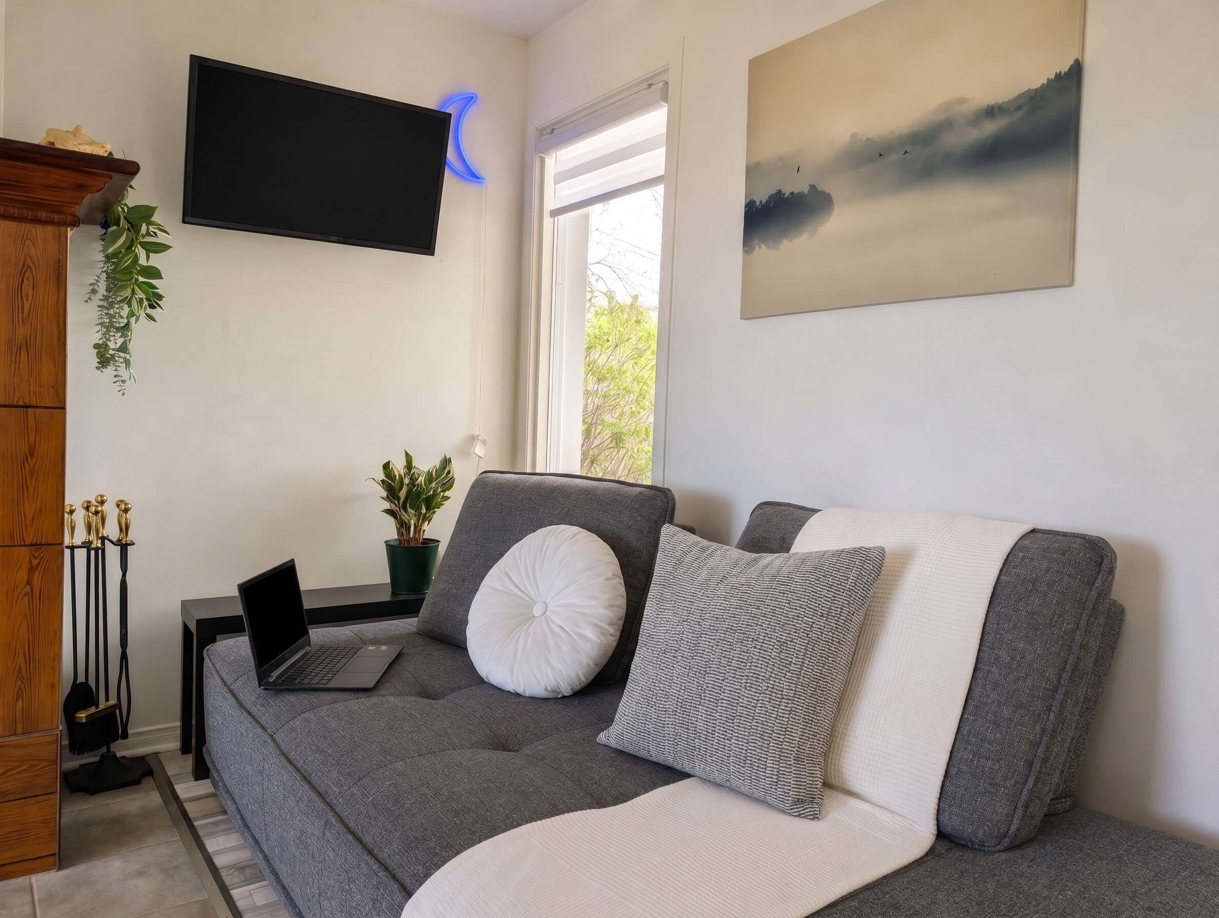 A modern living room with a grey sofa, a flat-screen TV, a potted plant, and a painting of a mountain landscape.