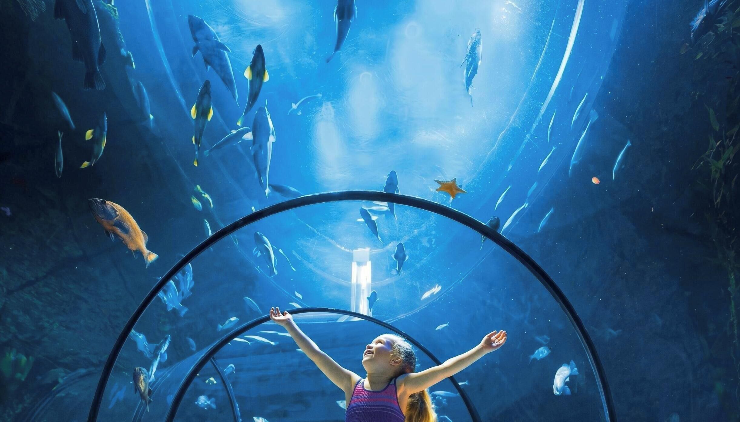 A person inside an aquarium with a large glass dome, surrounded by various fish species.