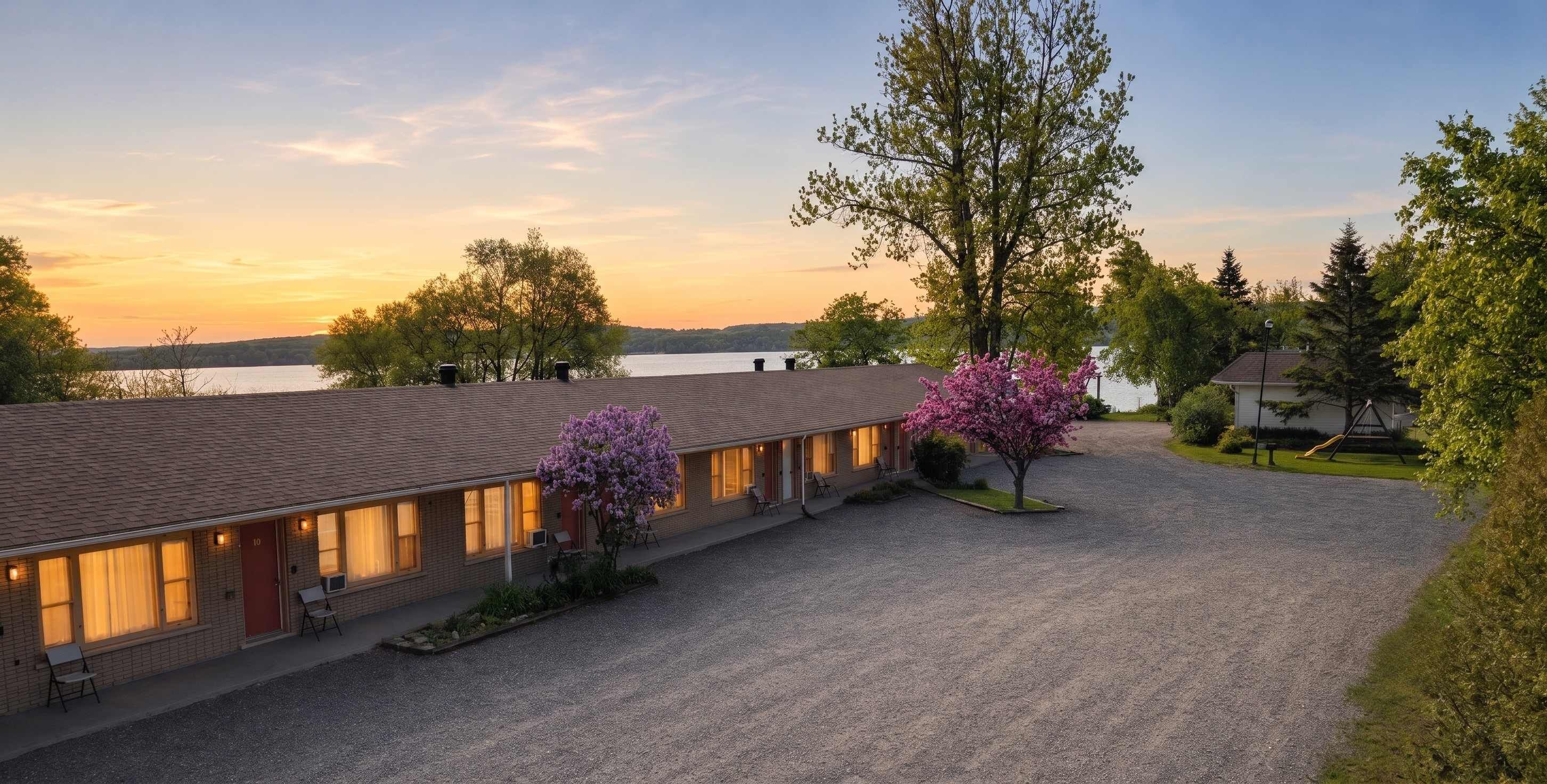 A motel with a gravel driveway, a large tree with purple flowers, and a view of a lake at sunset.