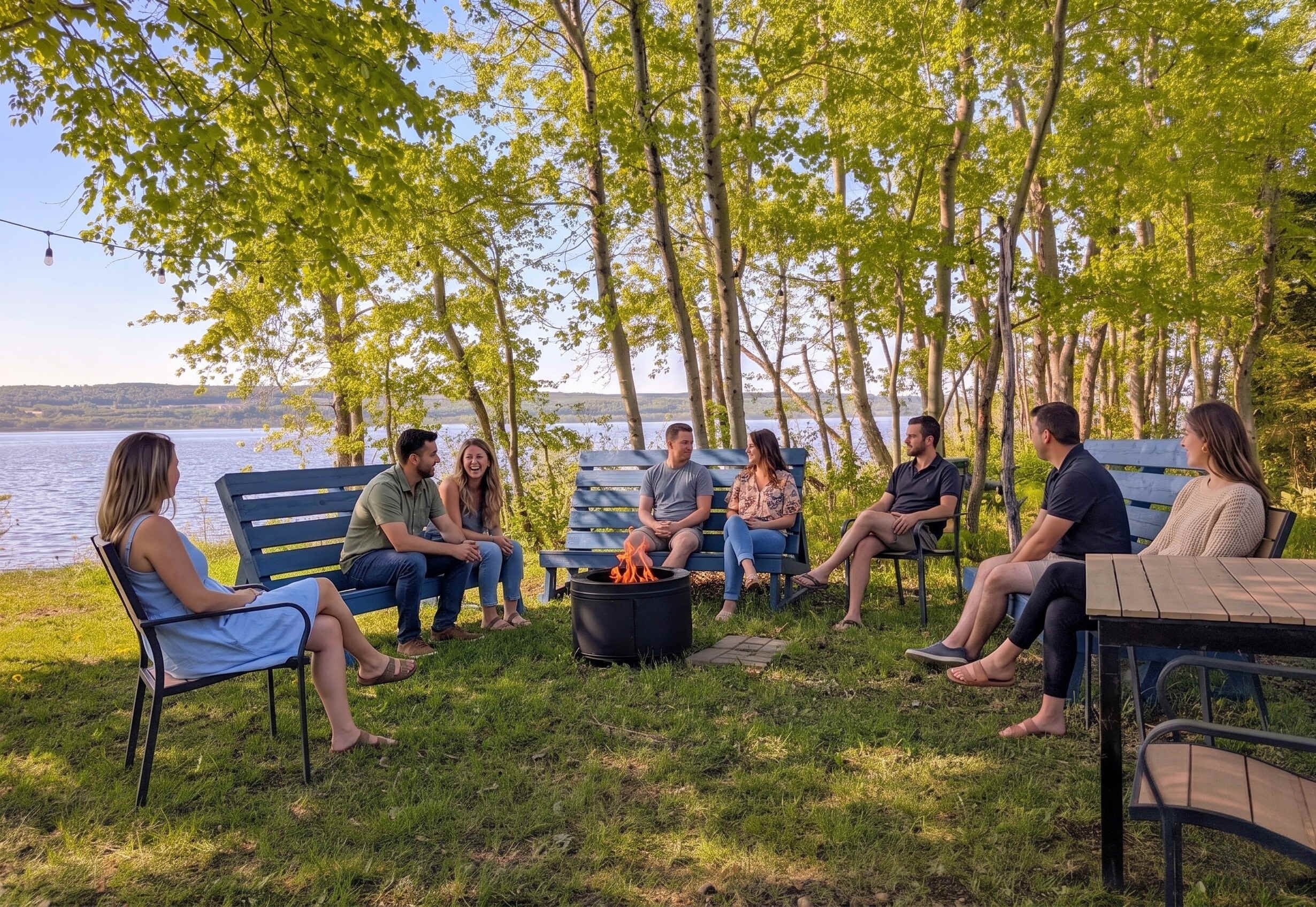 A group of people sitting on benches around a fire pit by a lake.