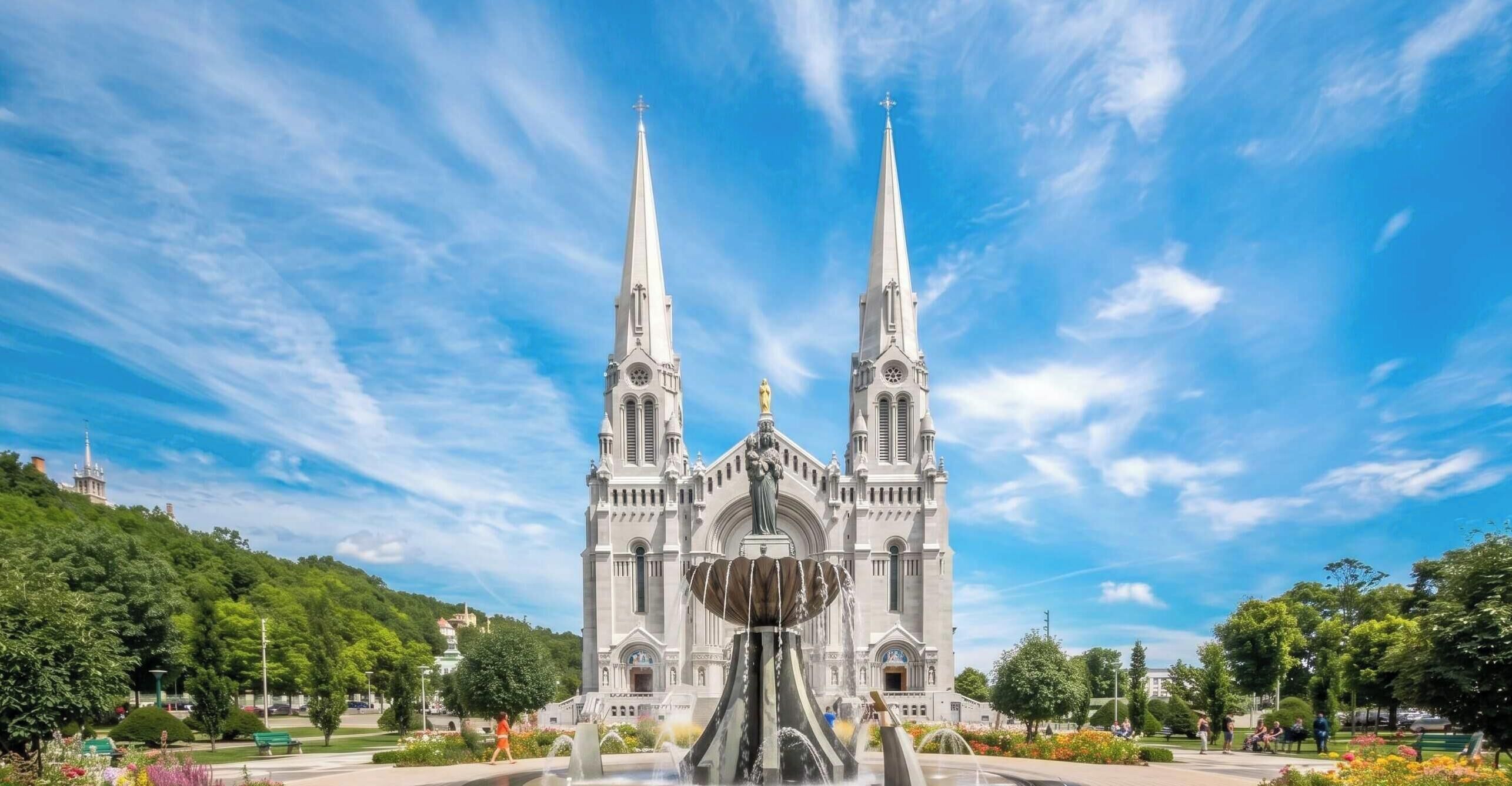 Une cathédrale dotée de deux hautes flèches et d’une fontaine centrale.