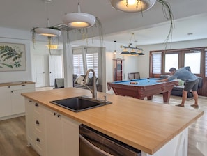 Une cuisine moderne avec une table de billard, un évier et des plantes suspendues.