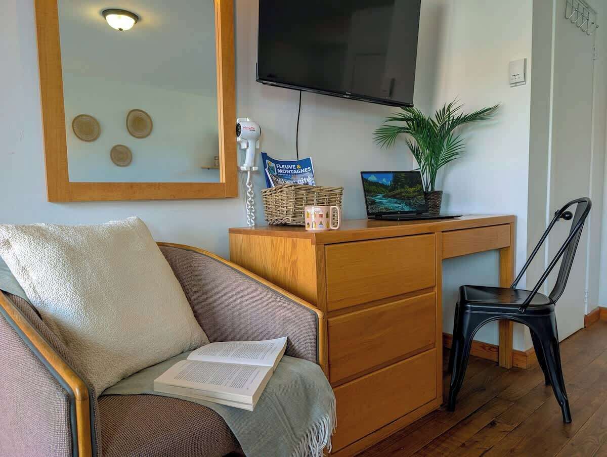Un salon avec un canapé, un bureau en bois, une télévision, une plante et une chaise.