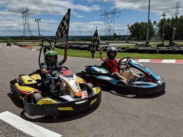 Dos karts de carreras en una pista, con banderas, rodeados de neumáticos de competición y líneas eléctricas al fondo.