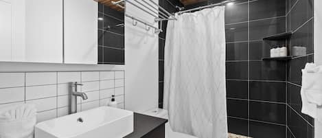 Shower, hair dryer, towels