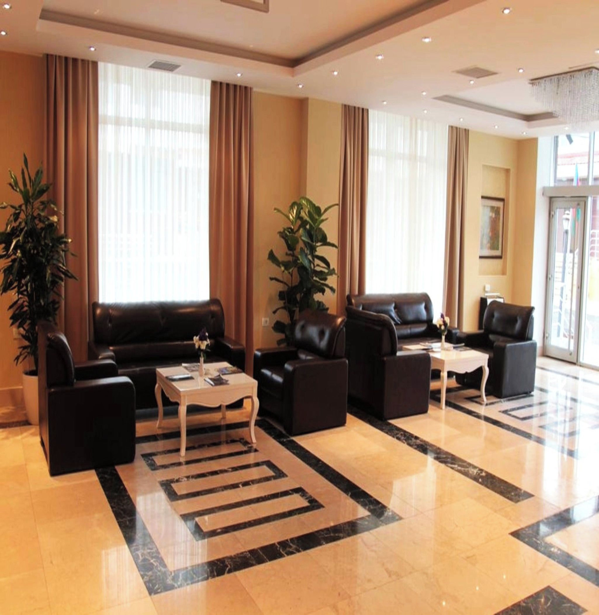 Un hall d’hôtel moderne avec des canapés en cuir, une table basse et des plantes en pot.