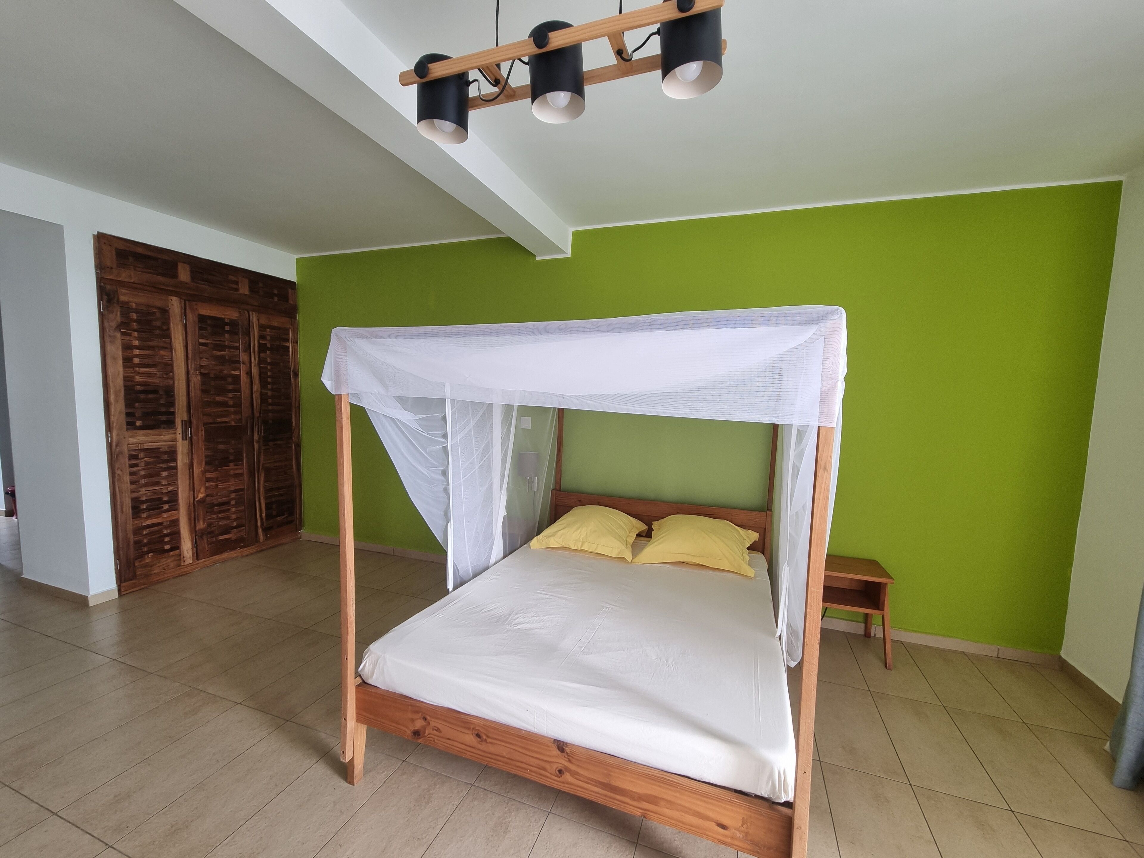 Ein Einzelbett mit Baldachin, Holzboden, grüne Wände und einer Deckenleuchte.