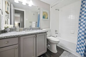 Hair dryer, towels, soap, shampoo
