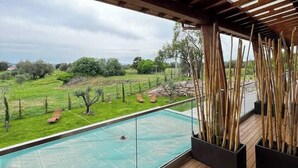 A wooden deck with a glass-enclosed pool, overlooking a grassy landscape with trees and a stone wall. - Torre Menerva Viterbo Stunning Tuscia Villa,Private Spa + Sauna + Saltwater Pool (Lazio)