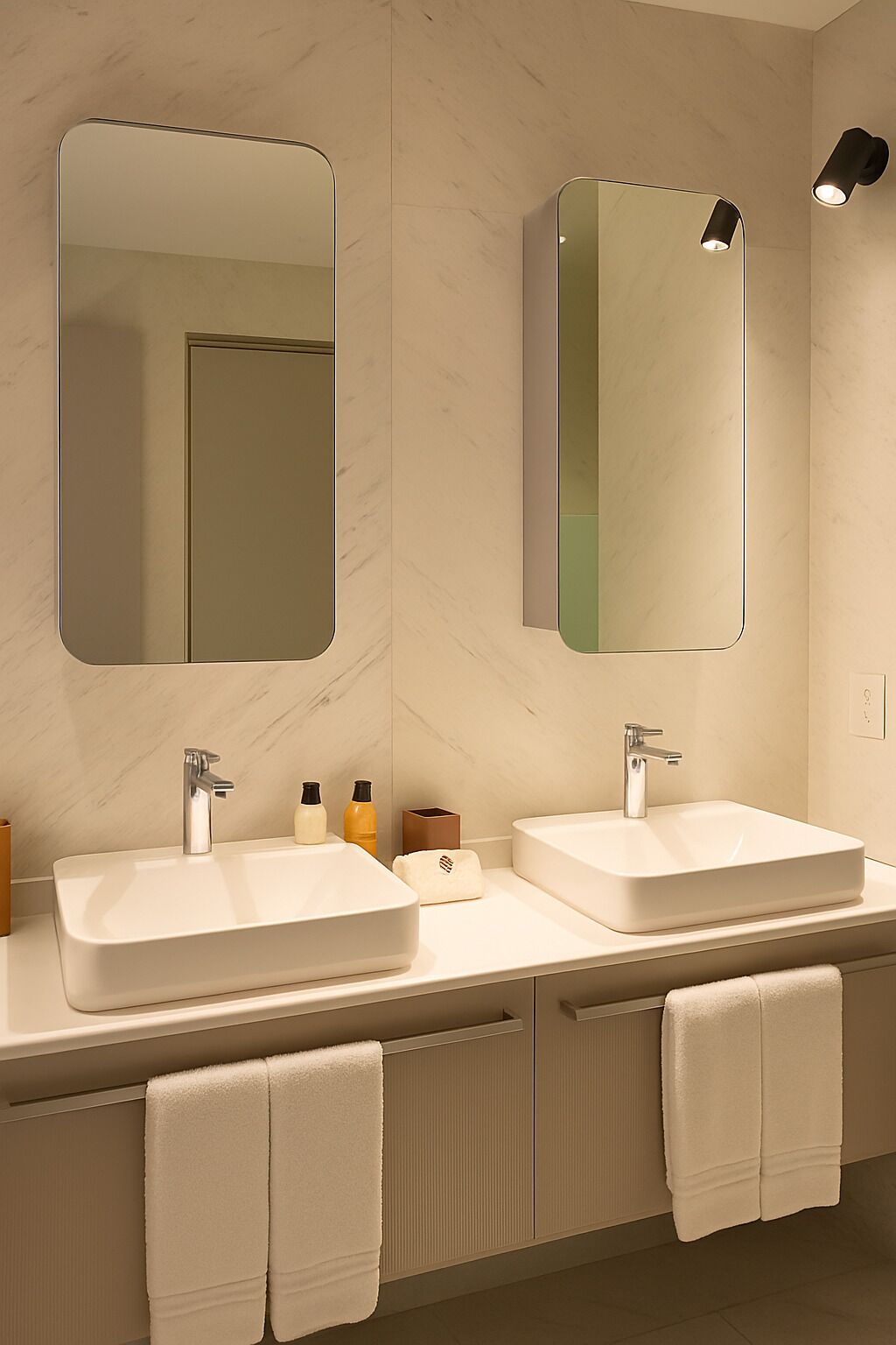A modern bathroom with two sinks, a large mirror, and a towel rack.