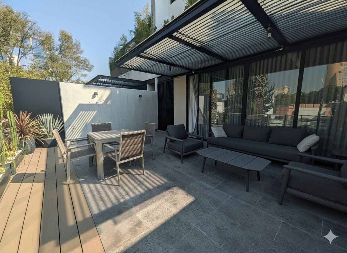 An outdoor patio with a wooden deck, a table with chairs, a sofa, and a covered seating area with a metal roof.