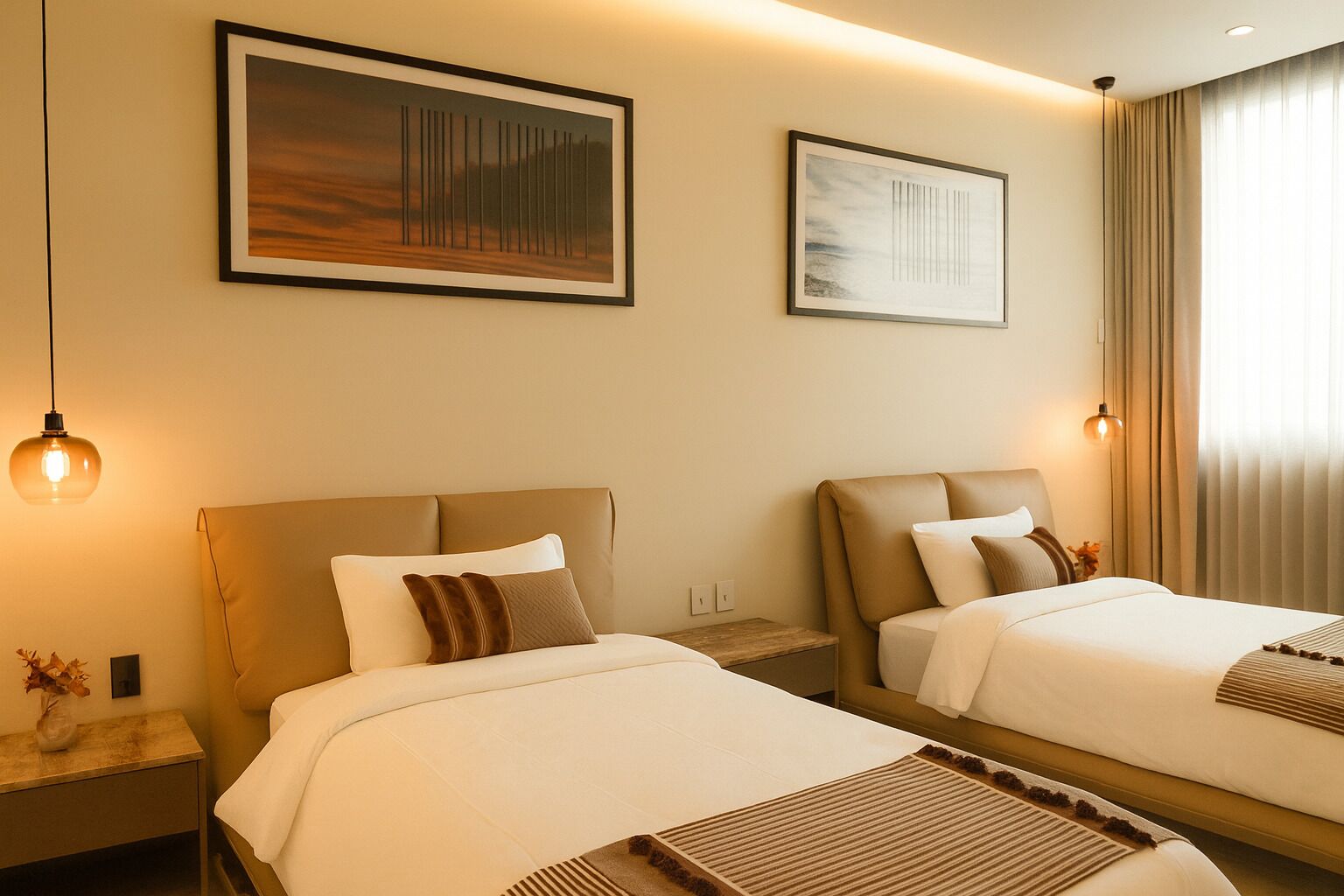 Ein Hotelzimmer mit zwei Betten, einem Nachttisch, einer Lampe und Bildern an den Wänden.