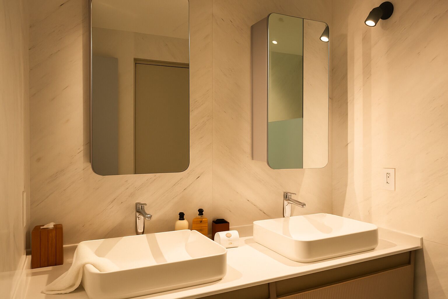 Un baño moderno con dos lavamanos, un espejo y un perchero para toallas.
