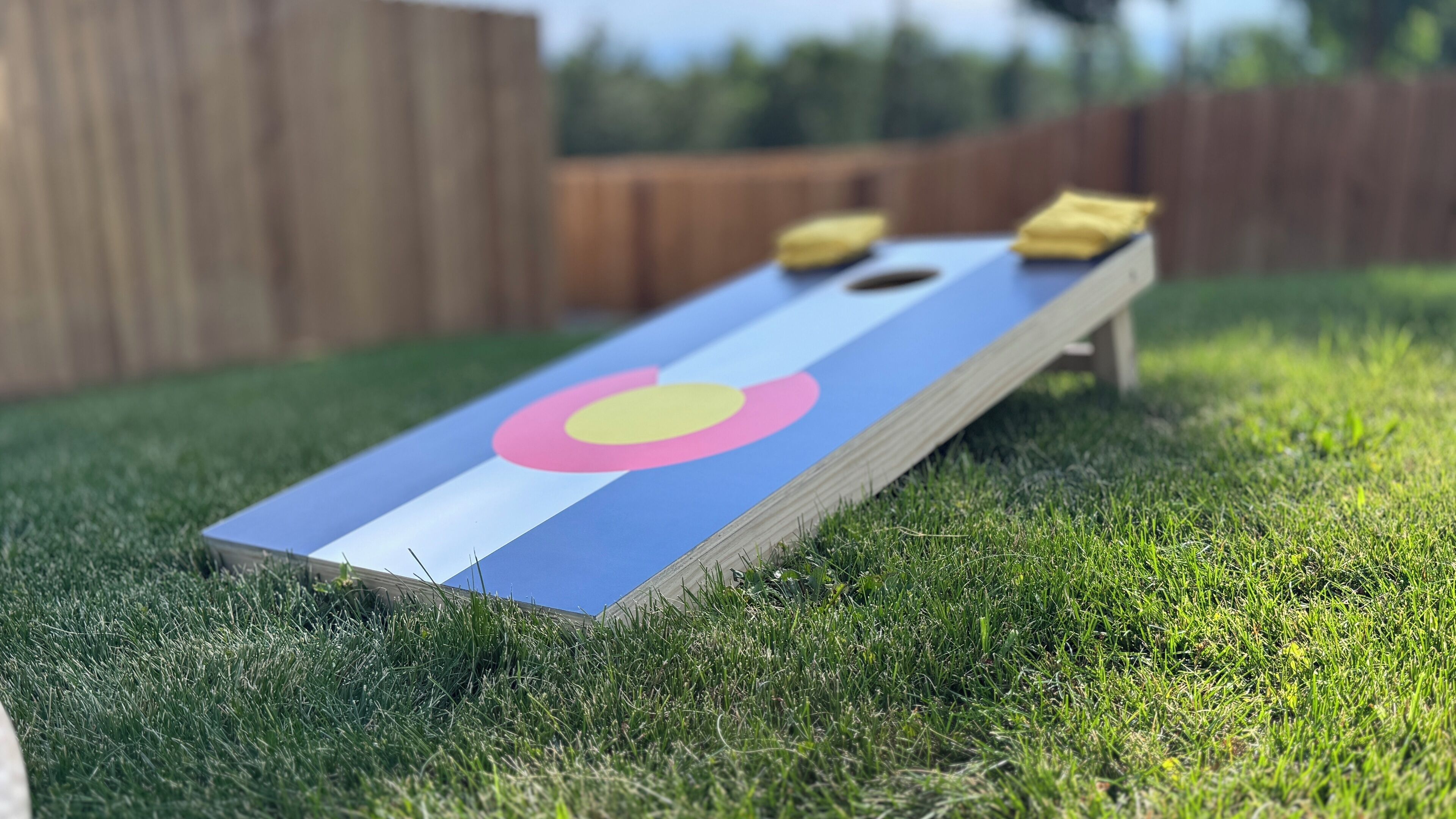 Un jeu de société en bois avec des cercles colorés, posé sur une pelouse verdoyante.