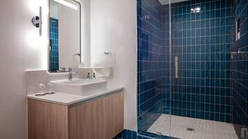 Hair dryer, towels, soap, toilet paper