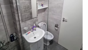 Un baño moderno con ducha envuelta en vidrio, lavamanos blanco y retrete.