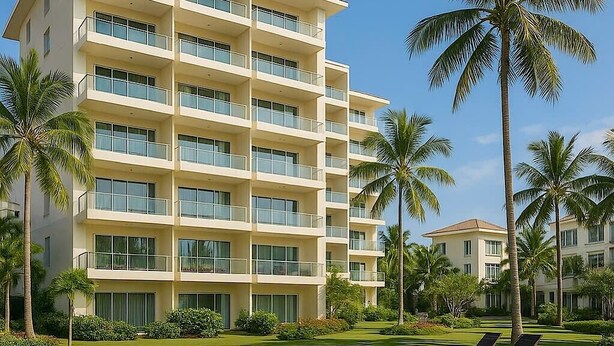Un hotel de varios pisos con piscina, palmeras y sillones de descanso.