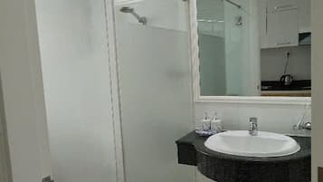 Hair dryer, towels, soap, toilet paper