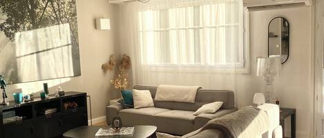 A modern living room with a sofa, coffee table, and a dog resting on a cushion.