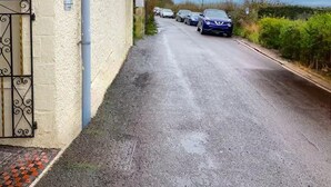 Una calle pavimentada con automóviles estacionados, un acceso con portón y un edificio con entrada de azulejos.