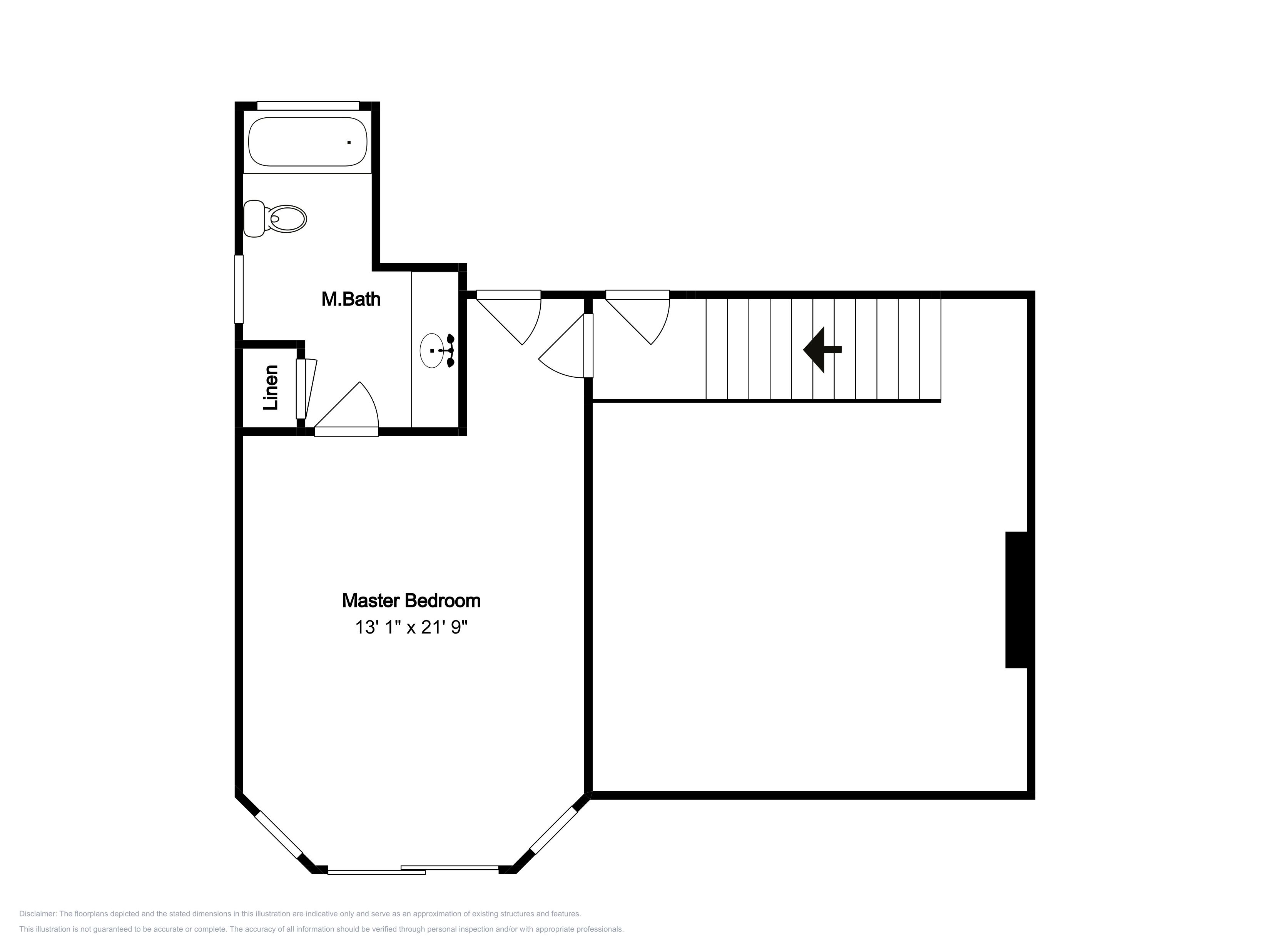 A floor plan with a master bedroom measuring 13' 1' x 21' 9', a linen closet, and a master bathroom.