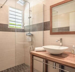 Shower, hair dryer, towels