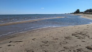 A beach with clear blue water, sandy shore, and a few trees in the background. - Little Can in the Pines - Bunkie No. 1 (SIMCOE)