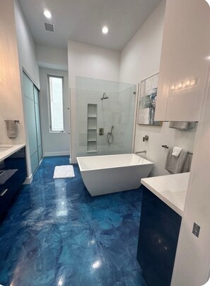 Hair dryer, towels, soap, toilet paper