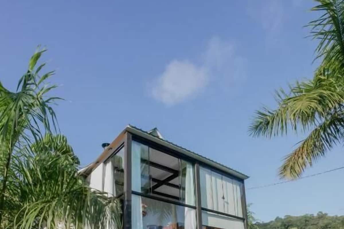 A modern two-story house with large glass windows, surrounded by lush greenery and palm trees.