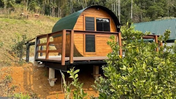 A wooden cabin with a green roof, elevated on stilts, surrounded by lush greenery and a forested hillside. - Recanto Fogo na Taça (Jaraguá do Sul)