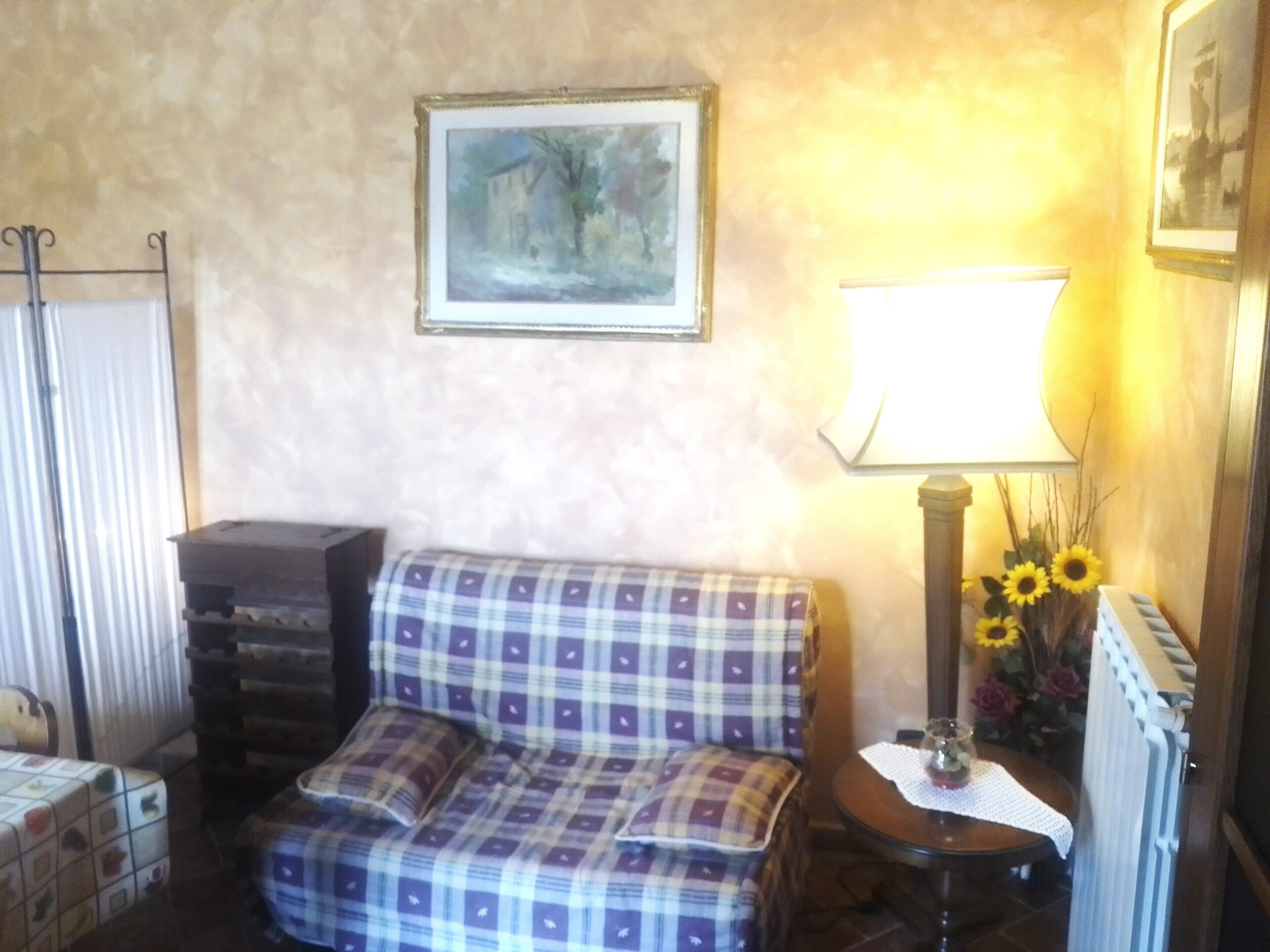 A room with a plaid sofa, a framed painting, a lamp, and a vase with sunflowers.