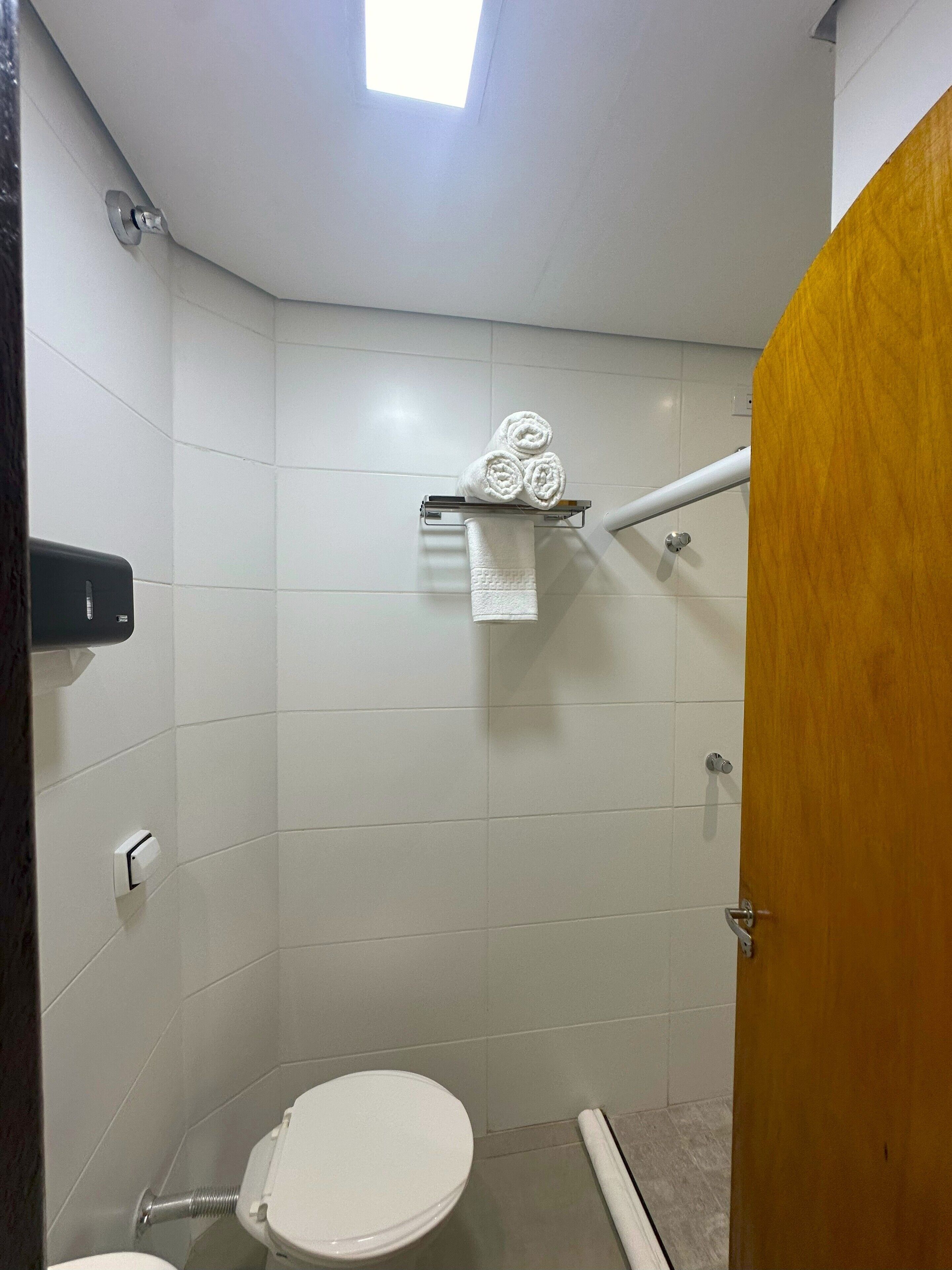 Un baño pequeño y funcional con inodoro, toallero con toallas enrolladas, dispensador de jabón y zona de ducha.
