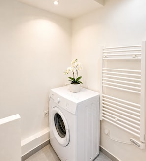 A compact laundry area with a front-loading washing machine, a potted orchid, and a white radiator. - 1619 Colombier (Paris)