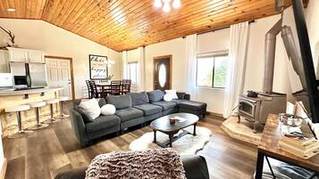 TV connectée, cheminée, jeux vidéo, livres