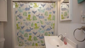 Shower, hair dryer, towels