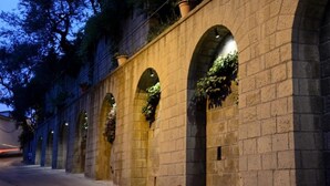 Un edificio de piedra con ventanas arqueadas y plantas colgantes.