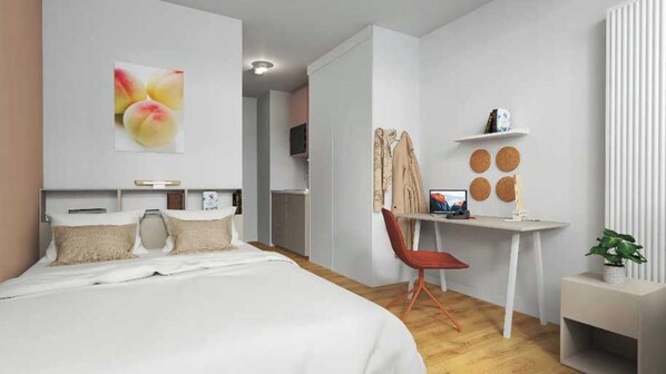 1 bedroom, laptop workspace, iron/ironing board, bed sheets