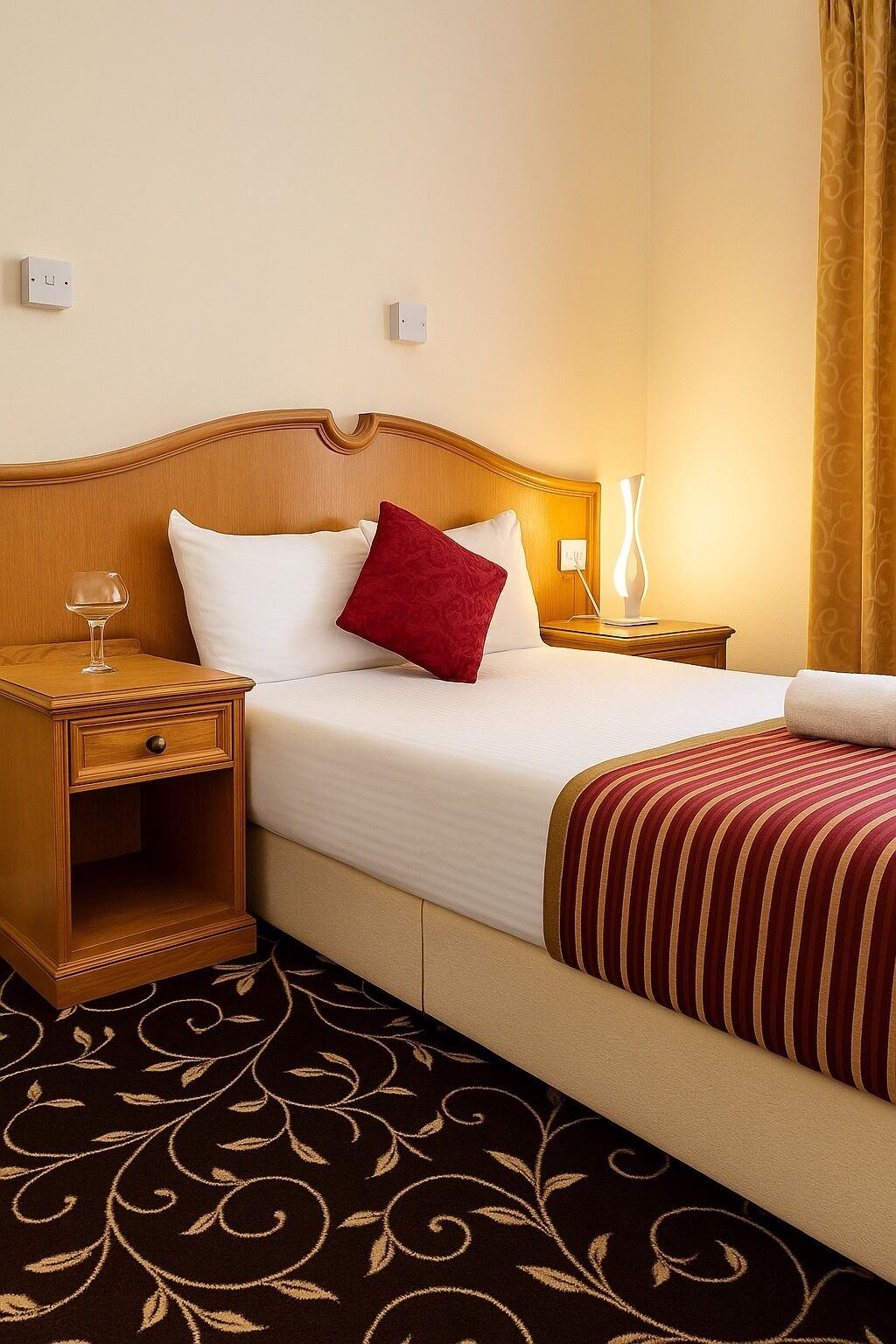 A hotel room with a wooden headboard, a bed with white bedding and a red pillow, a bedside table with a glass, a lamp, and a patterned carpet.