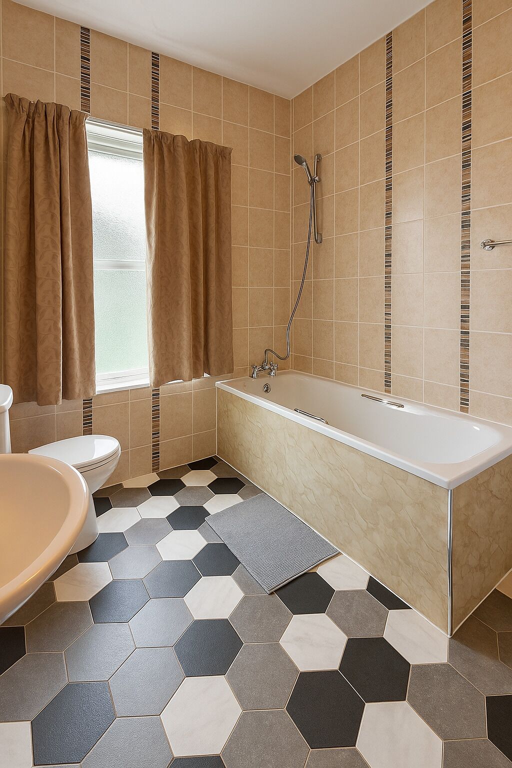 A bathroom with a bathtub, toilet, and sink. The floor has a hexagonal tile pattern.