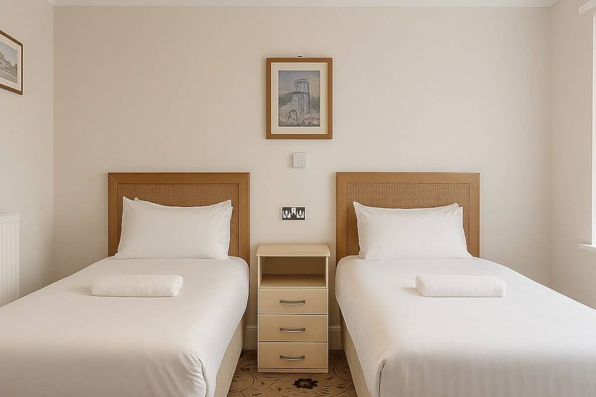 A hotel room with two single beds, a small bedside table, a lamp, a framed picture on the wall, and a floral carpet.