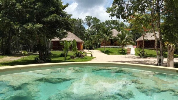A clear pool with visible rock formations, surrounded by lush greenery and thatched-roof huts. - Hotel Aldea Cruzo'ob (Felipe Carrillo Puerto)