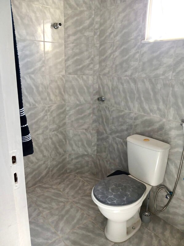 Shower, hair dryer, towels, toilet paper