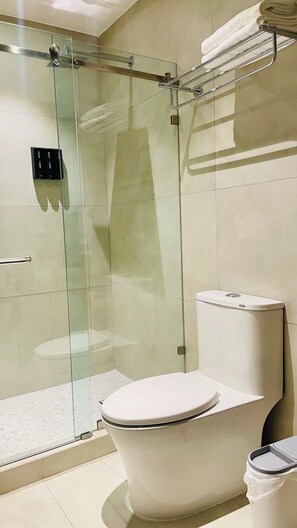 Secadora de cabello, toallas, jabón, papel de baño 