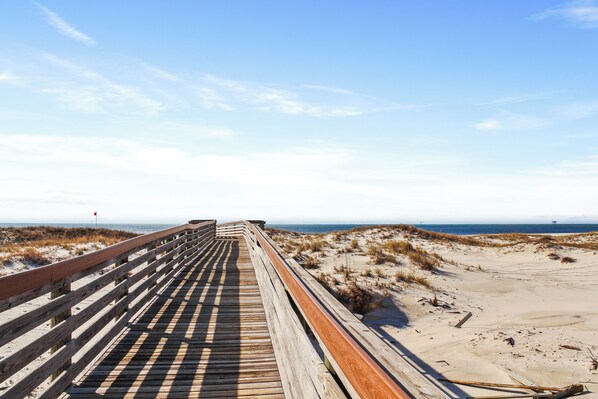 On the beach, sun-loungers, beach towels - Snowbird Haven: Affordable 1BR Beachfront Condo + Monthly Discounts (Gulf Shores)