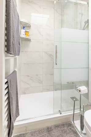 Douche, séchoir à cheveux, serviettes fournies, savon