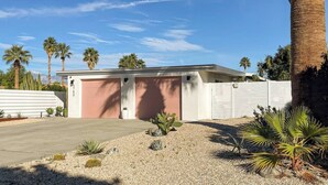 Un edificio moderno con garaje, rodeado de cactus y palmeras.
